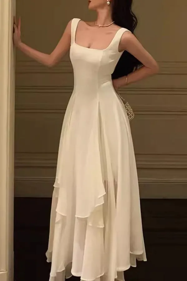 A Line Square Neck Prom Dress, Ankle Length Elegant Evening Gown