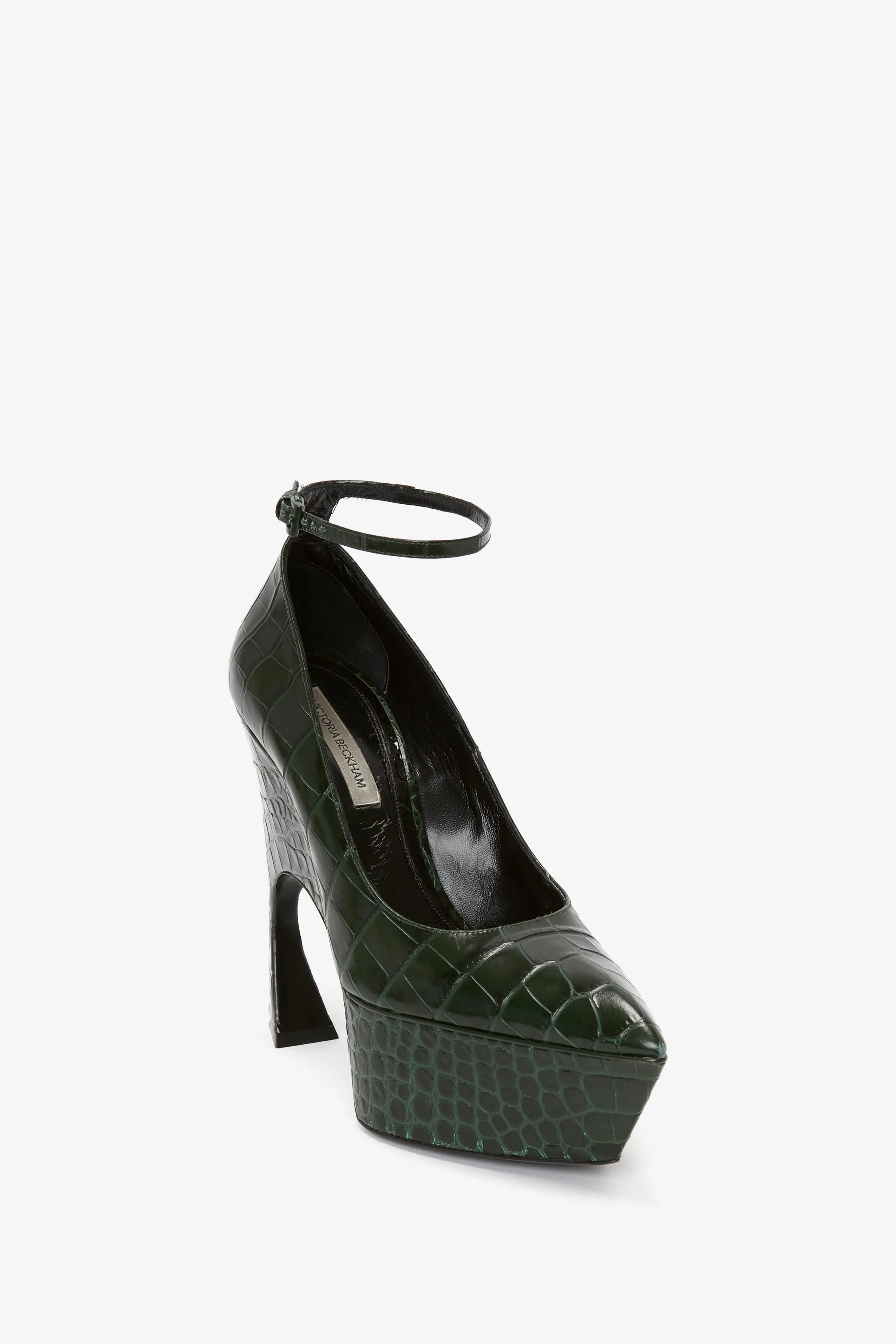 Ankle Strap Wedge Pump In Dark Green Croc-Effect Leather