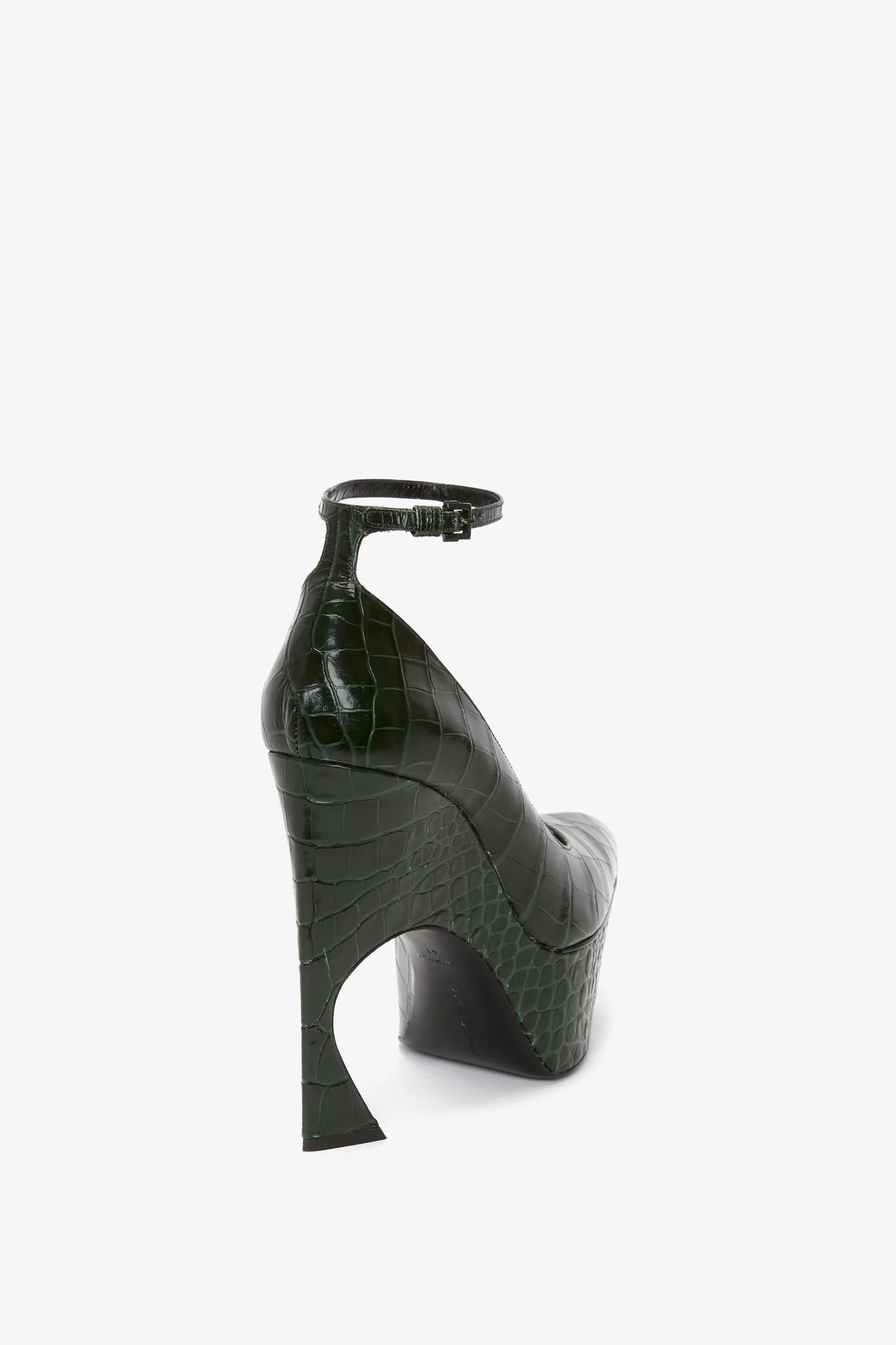 Ankle Strap Wedge Pump In Dark Green Croc-Effect Leather