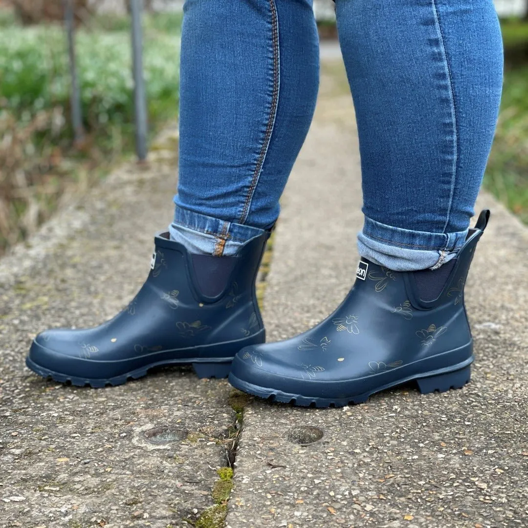 Ankle Wellies - Navy with Bumble Bees - Wide Foot