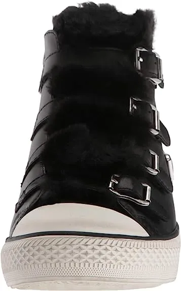 Ash Valko Black Fur Lined Buckle Strap High Top Sneakers Ankle Leather Bootie