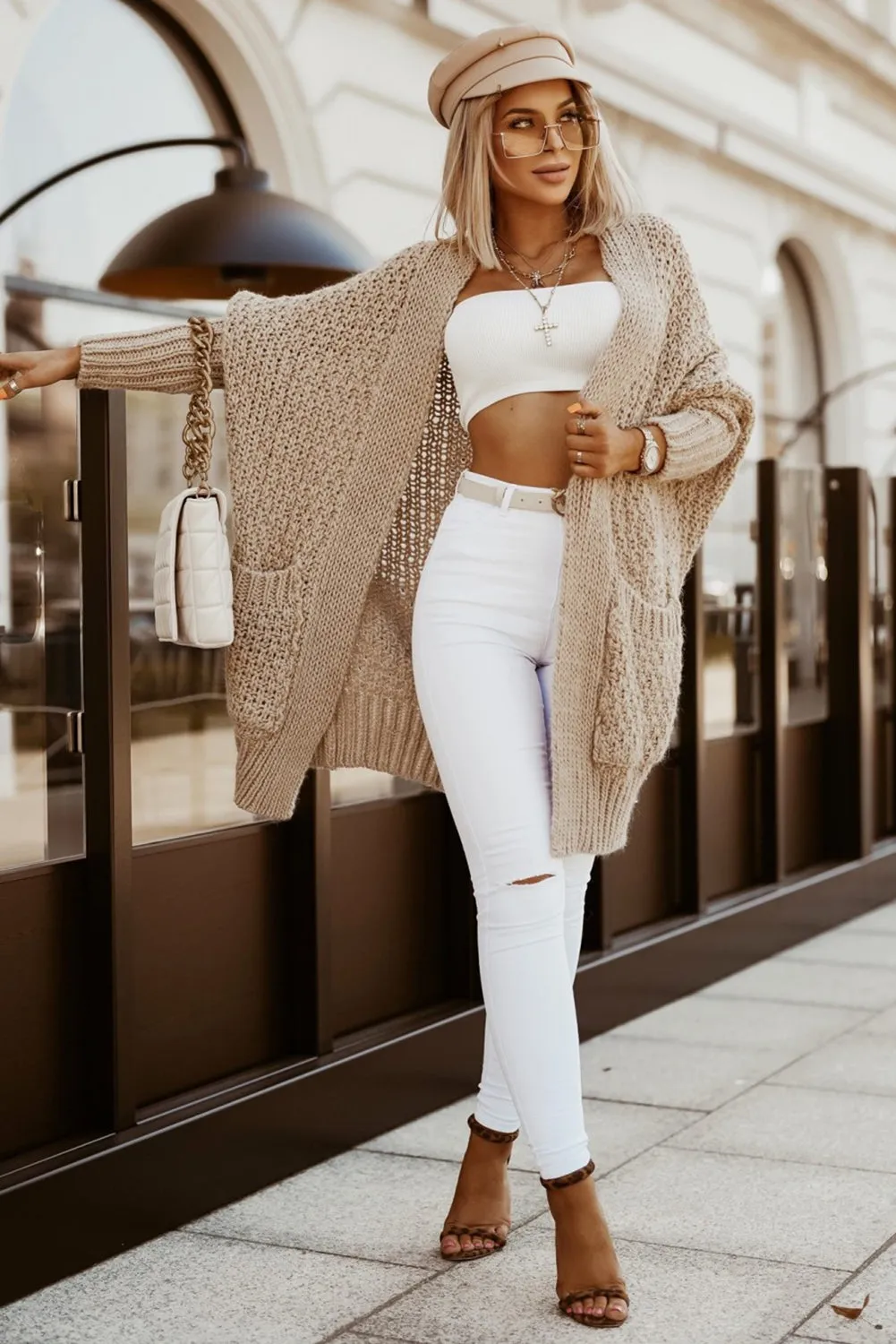 Beige Open Front Pocket Casual Knitted Cardigan