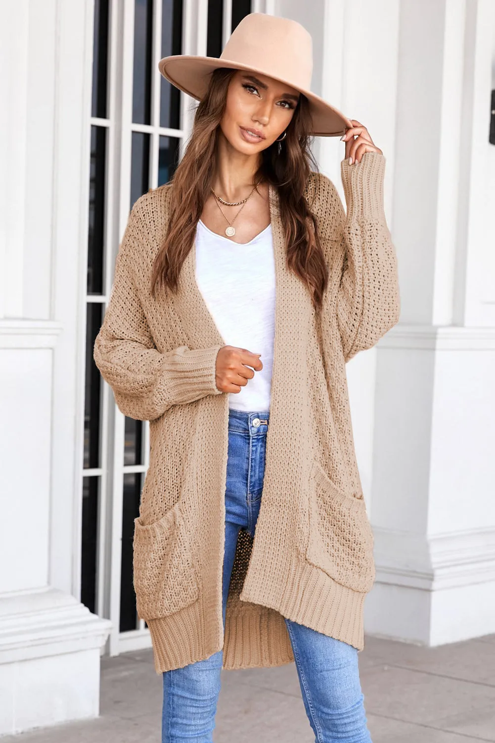 Beige Open Front Pocket Casual Knitted Cardigan