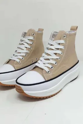 Beige Platform Lace Up Canvas Shoes