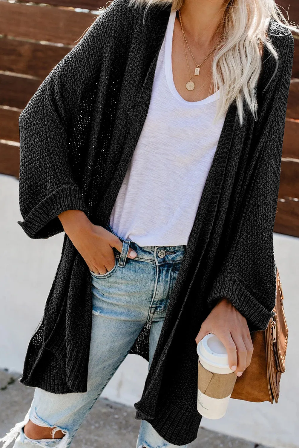 Black Full Sleeves Casual Knit Cardigan