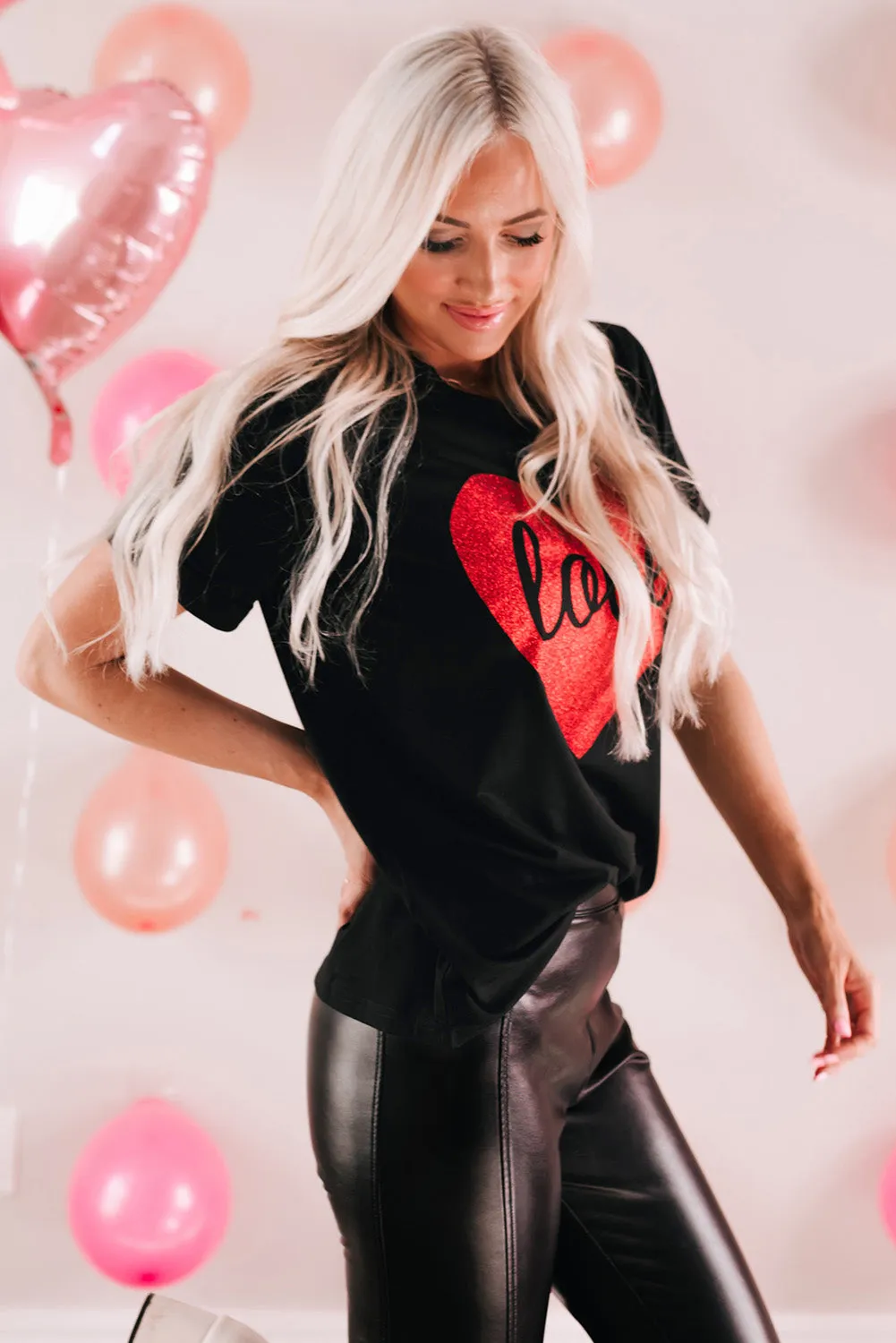 Black Heart Shaped Love Glitter Casual T-shirt