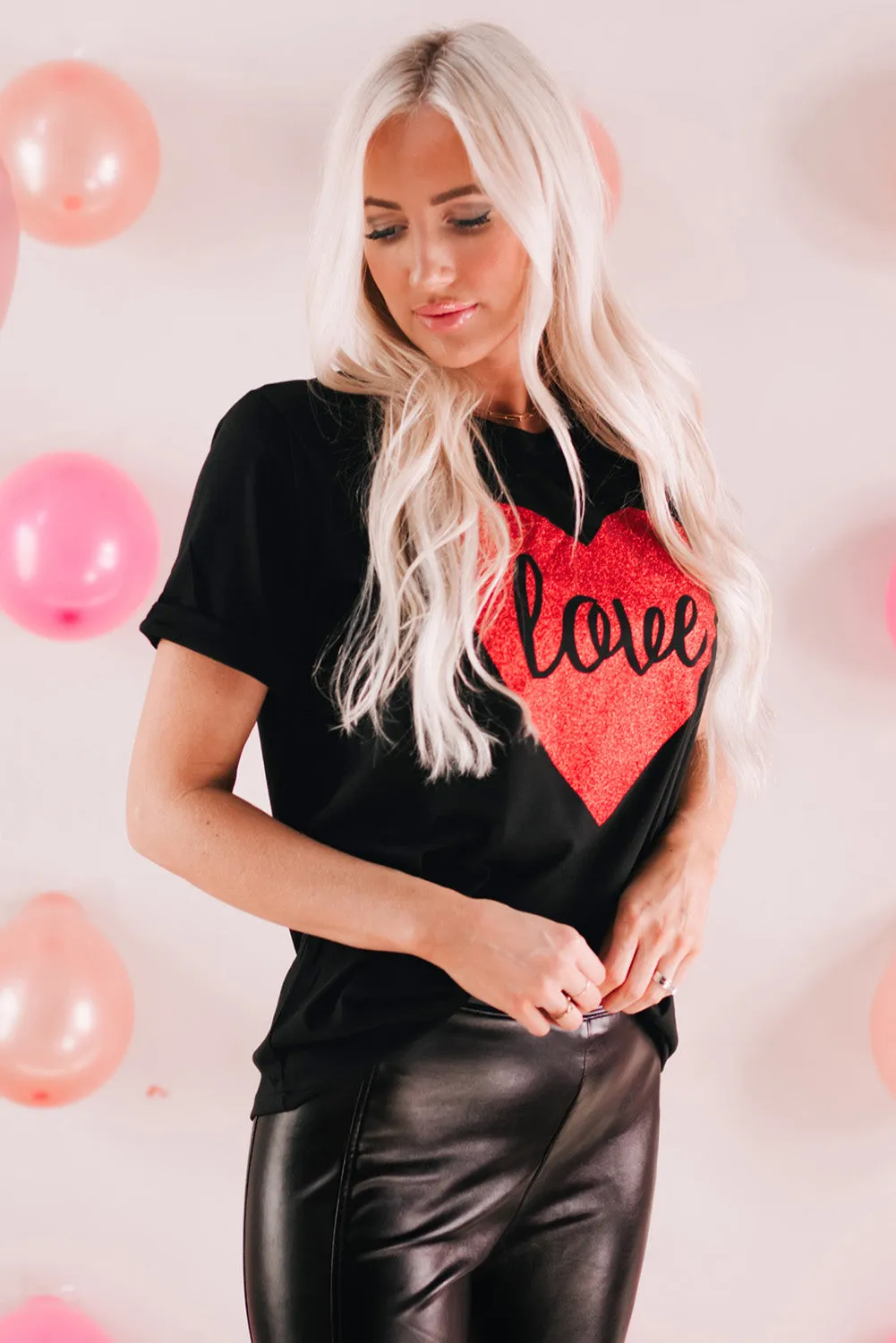 Black Heart Shaped Love Glitter Casual T-shirt