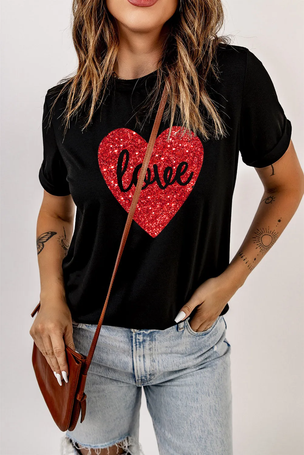 Black Heart Shaped Love Glitter Casual T-shirt