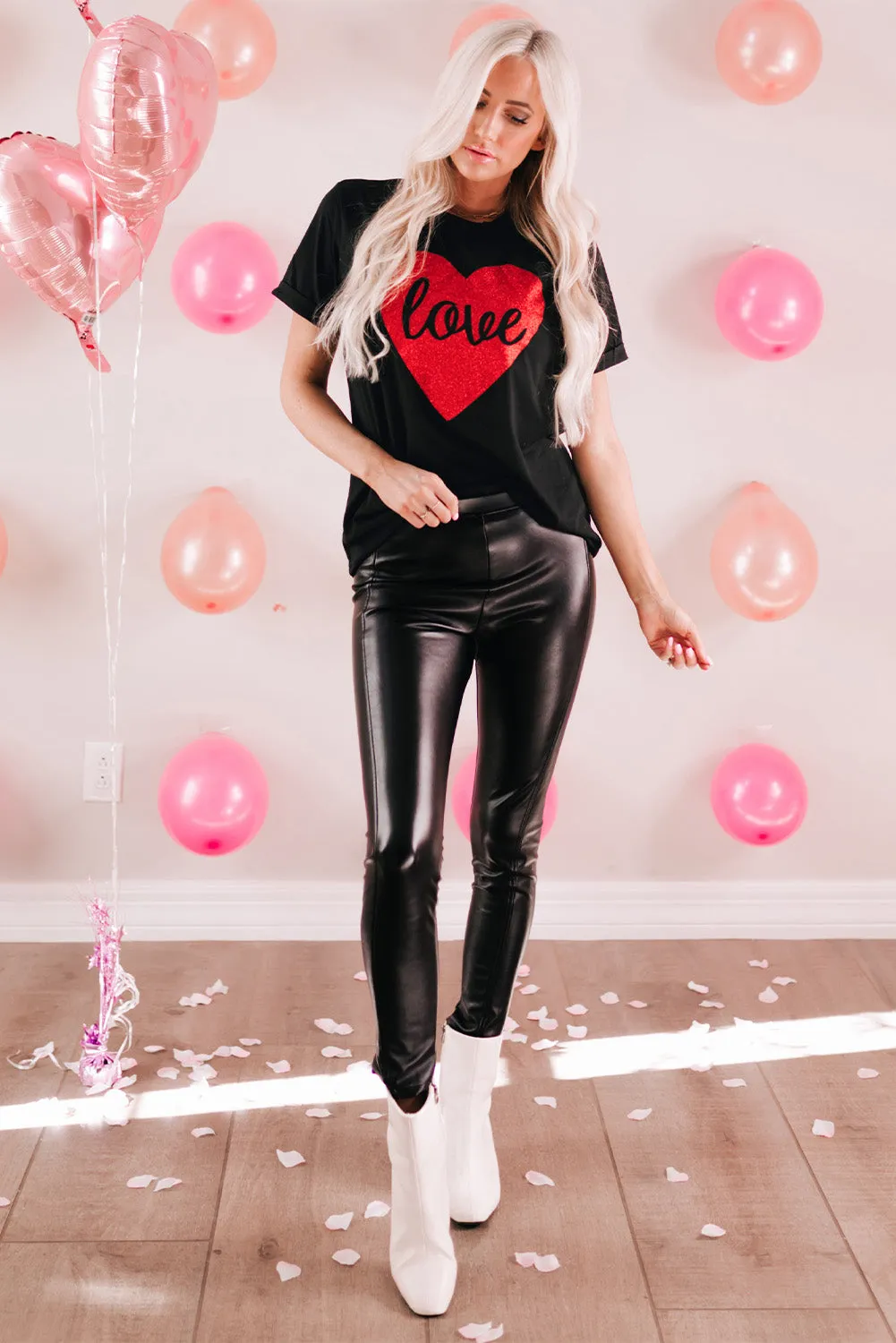 Black Heart Shaped Love Glitter Casual T-shirt