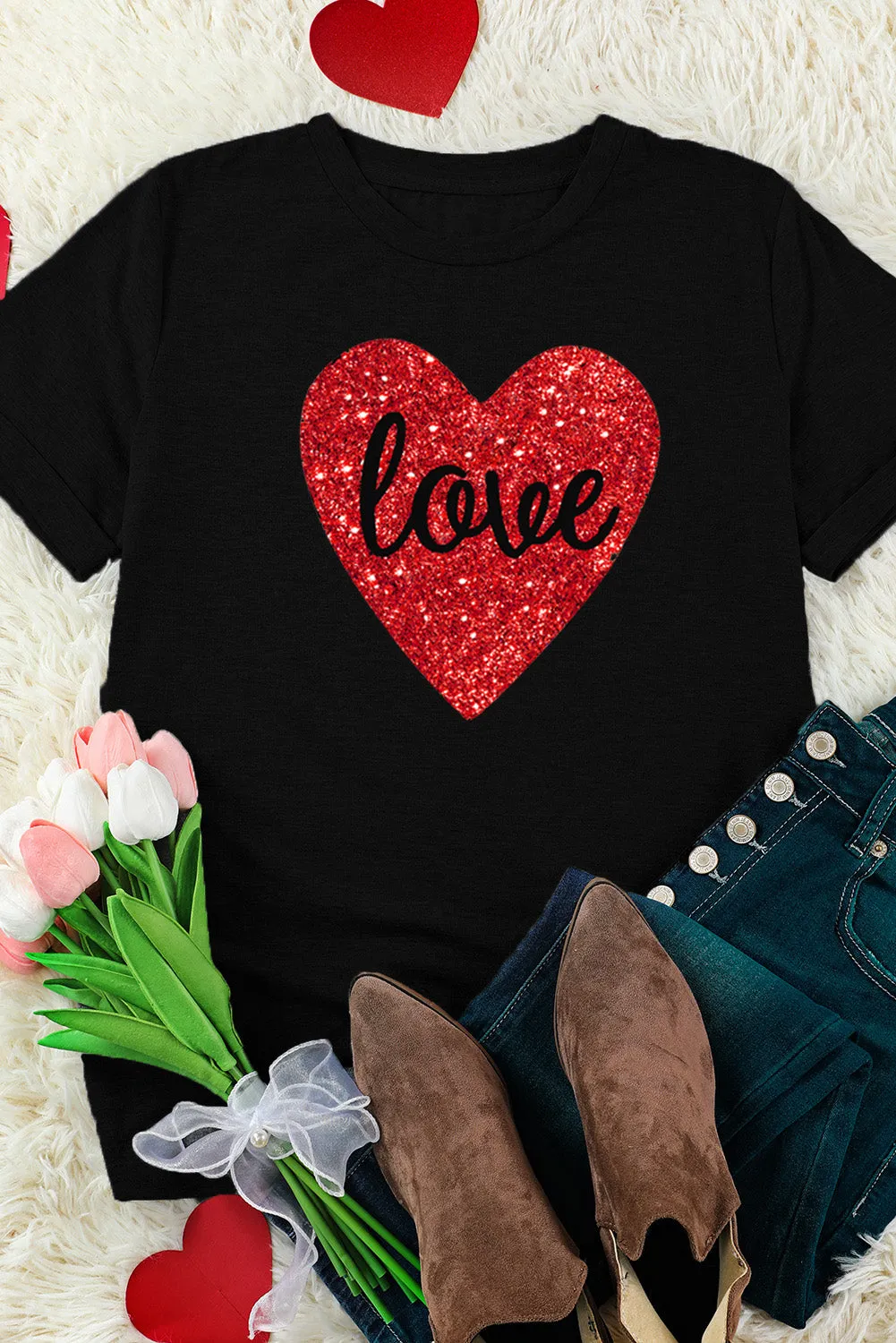 Black Heart Shaped Love Glitter Casual T-shirt