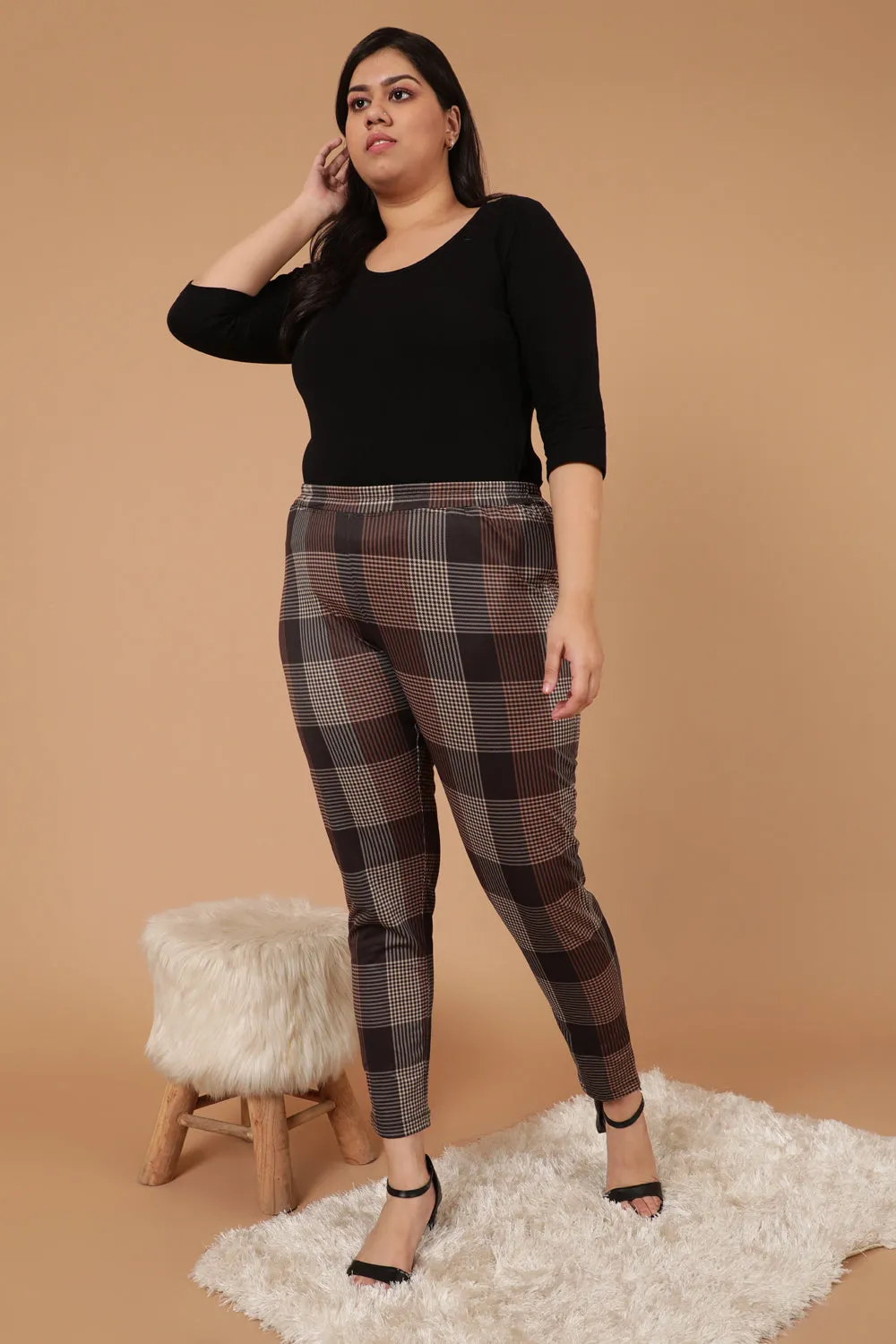 Brown Black Check Art Warm Winter Fleece Leggings