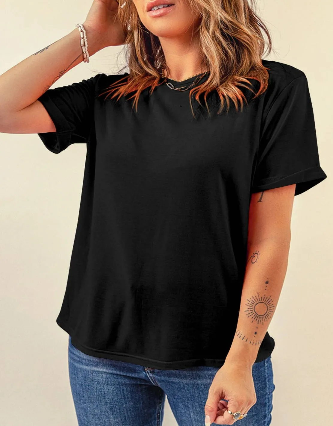 Casual Plain Crew Neck Tee: Black