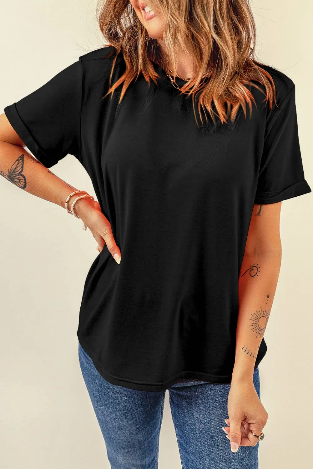 Casual Plain Crew Neck Tee: Black