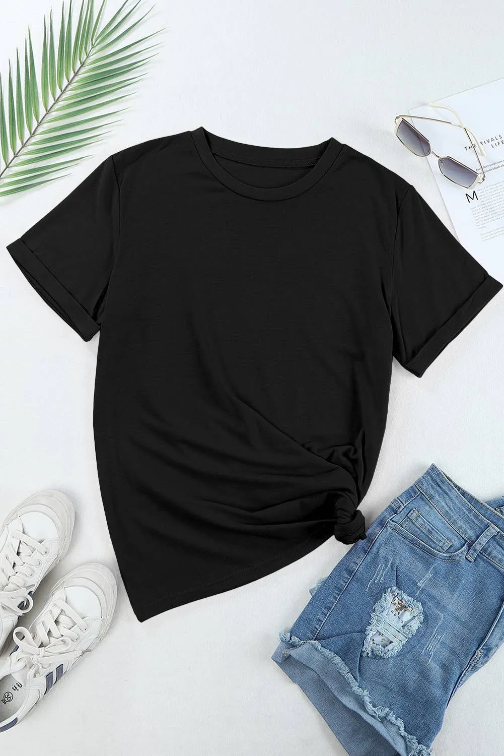 Casual Plain Crew Neck Tee: Black