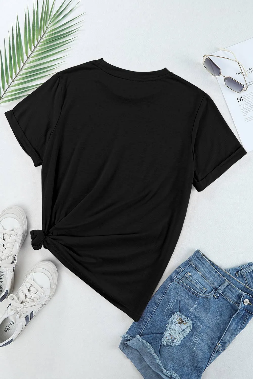 Casual Plain Crew Neck Tee: Black