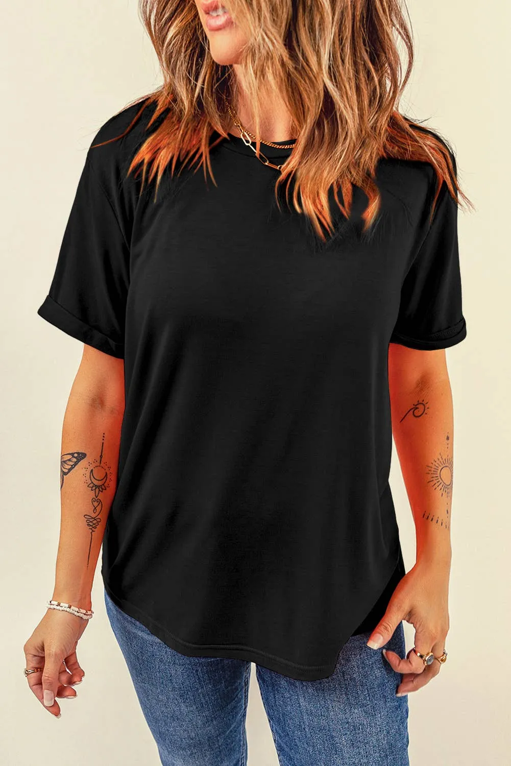 Casual Plain Crew Neck Tee: Black