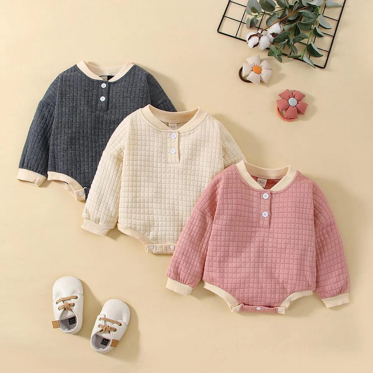 Climbing Clothes Autumn Thickened Warm Baby Romper Solid Color Long Sleeve Baby Shirt