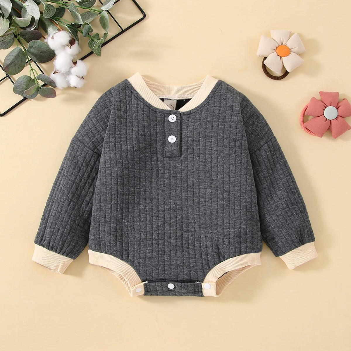 Climbing Clothes Autumn Thickened Warm Baby Romper Solid Color Long Sleeve Baby Shirt