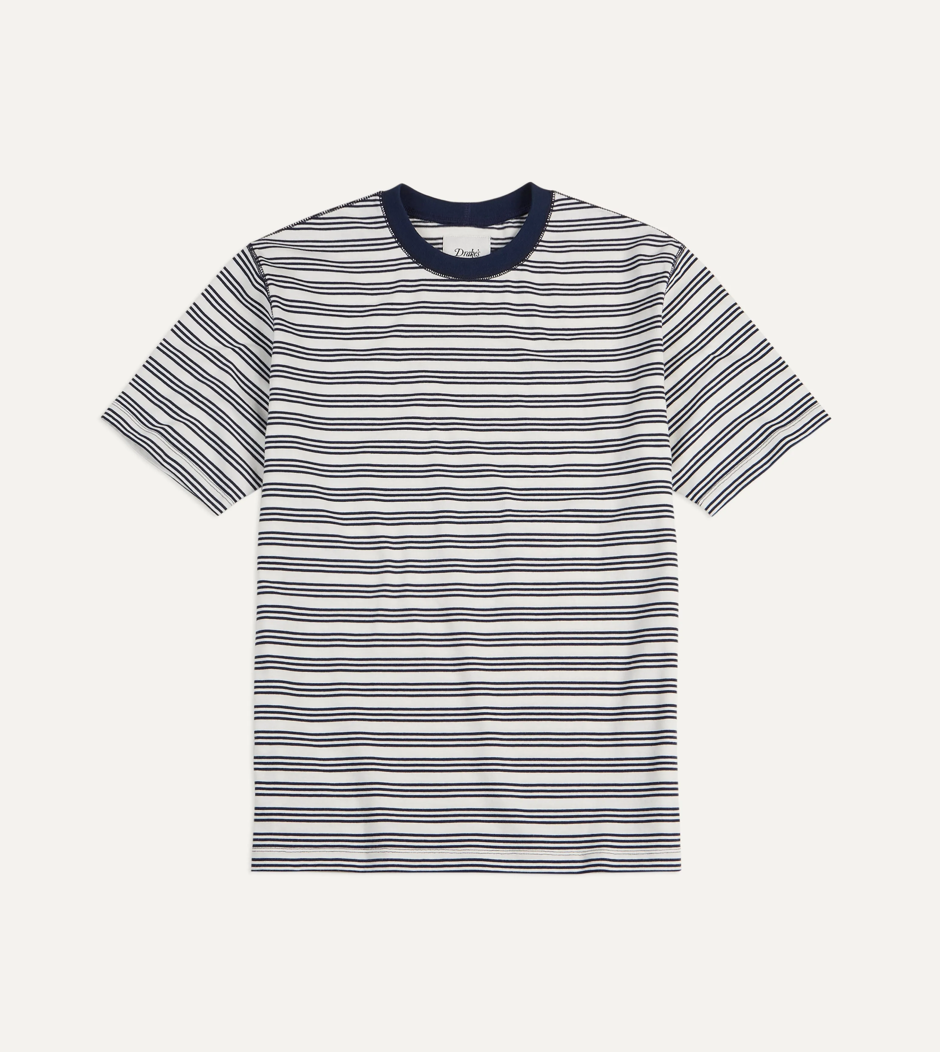 Ecru and Navy Triple Stripe Cotton Crew Neck Hiking T-Shirt