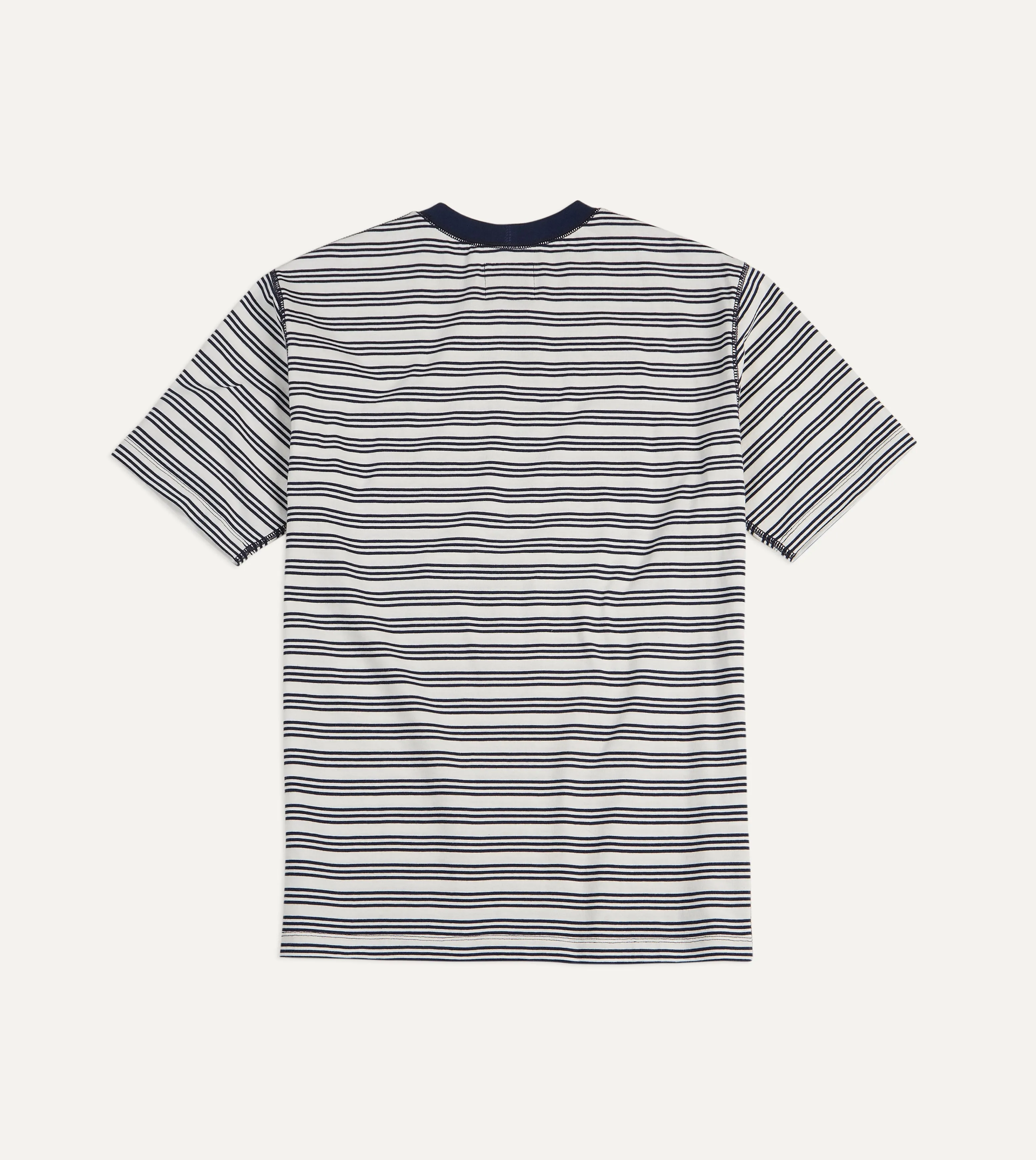 Ecru and Navy Triple Stripe Cotton Crew Neck Hiking T-Shirt