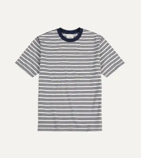 Ecru and Navy Triple Stripe Cotton Crew Neck Hiking T-Shirt