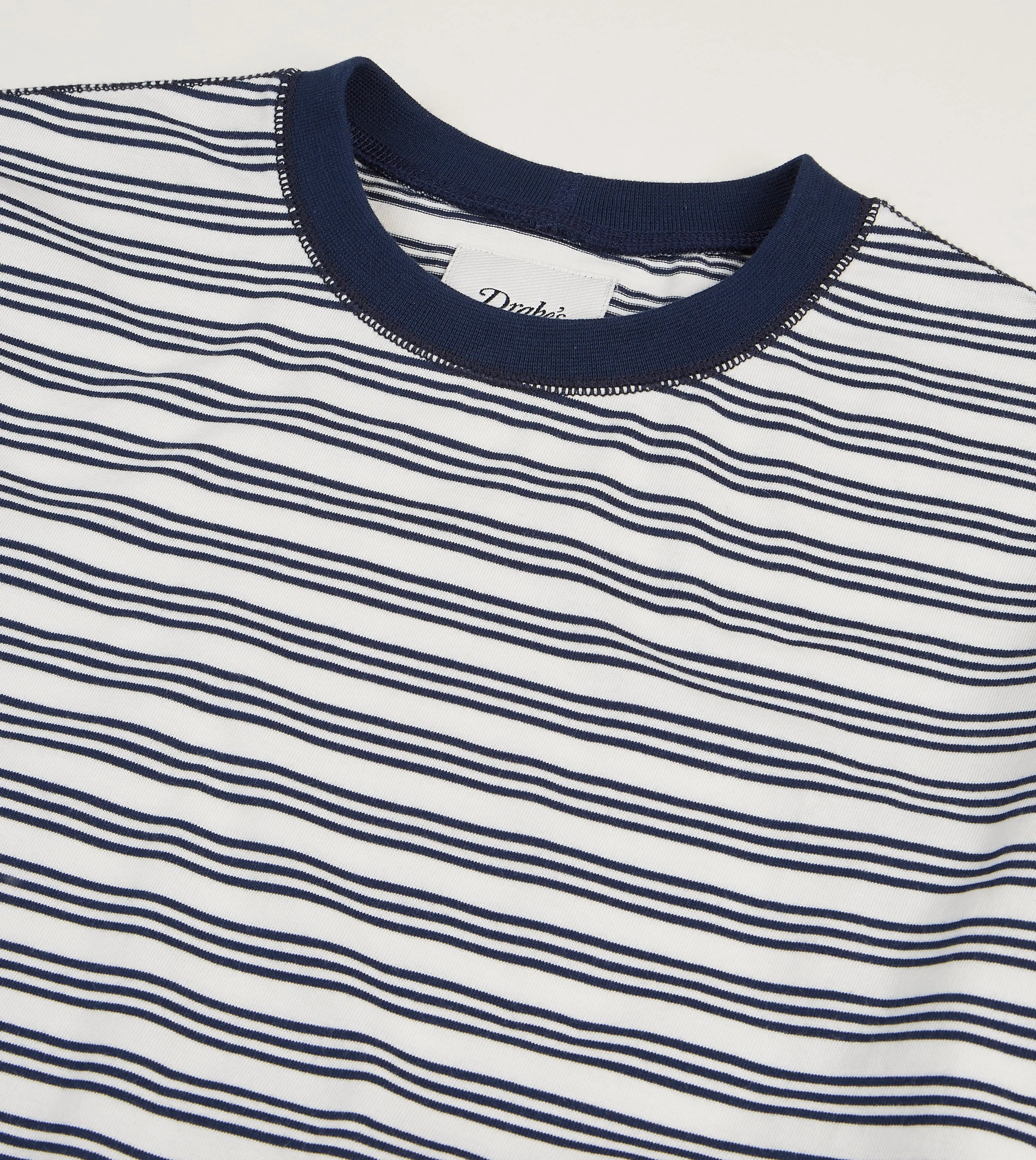 Ecru and Navy Triple Stripe Cotton Crew Neck Hiking T-Shirt