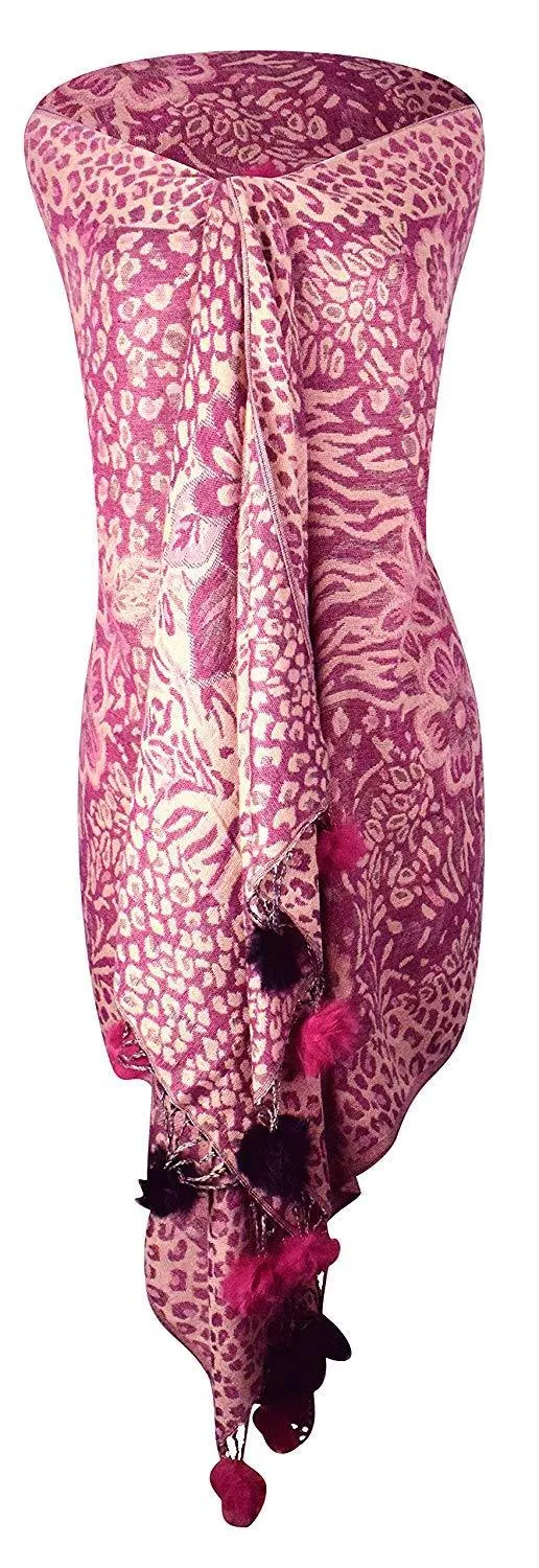 Fuchsia Women's Retro Style Warm Floral Animal Print Pashmina Scarf with Faux Fur Poms