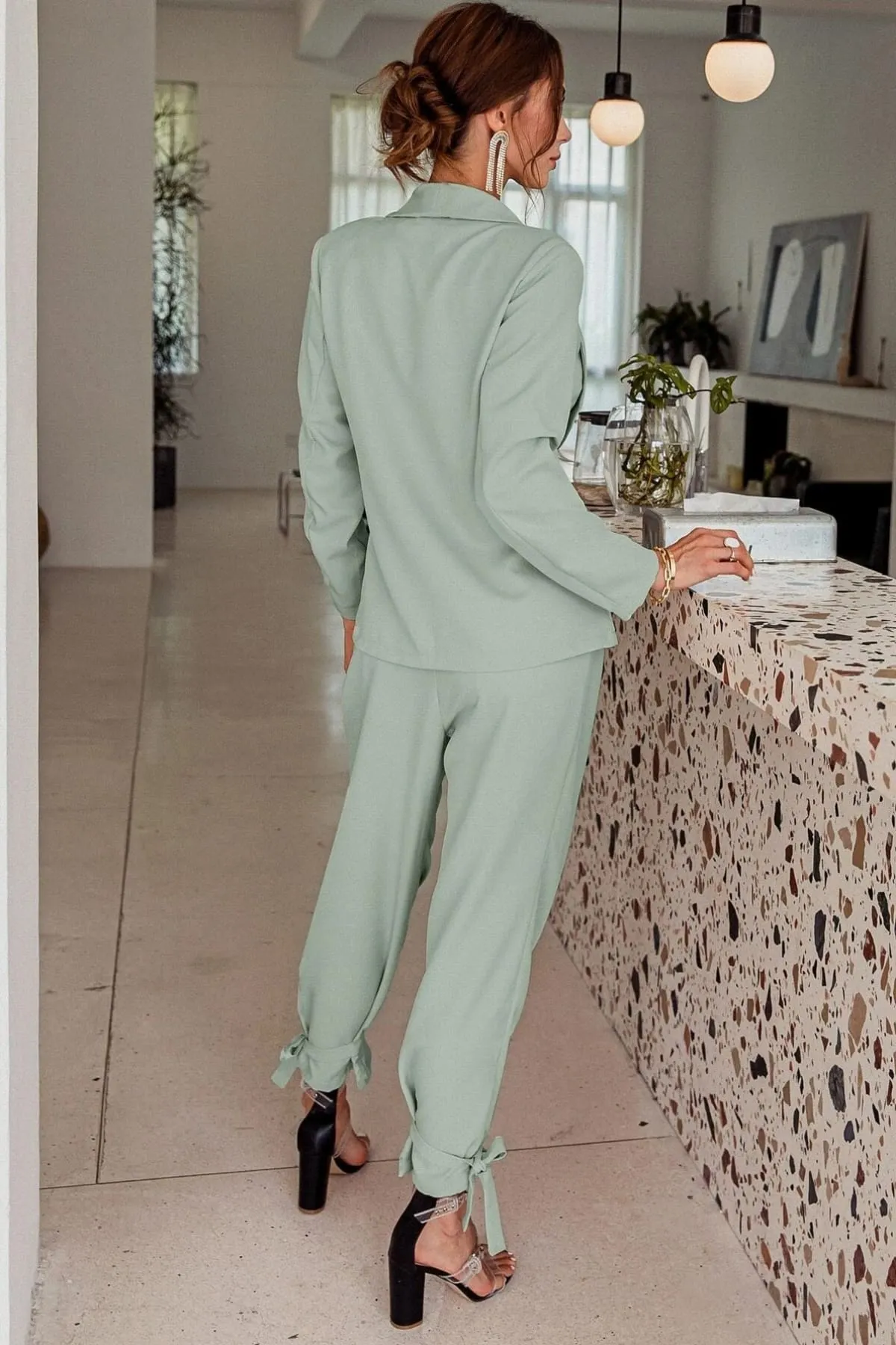 Green High Waisted Ankle Tie Pants & Blazer Set