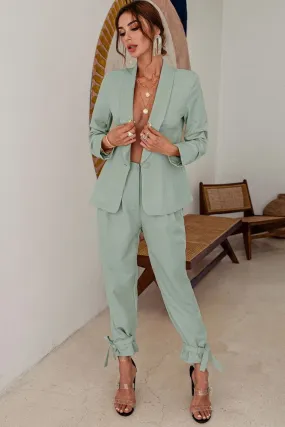 Green High Waisted Ankle Tie Pants & Blazer Set