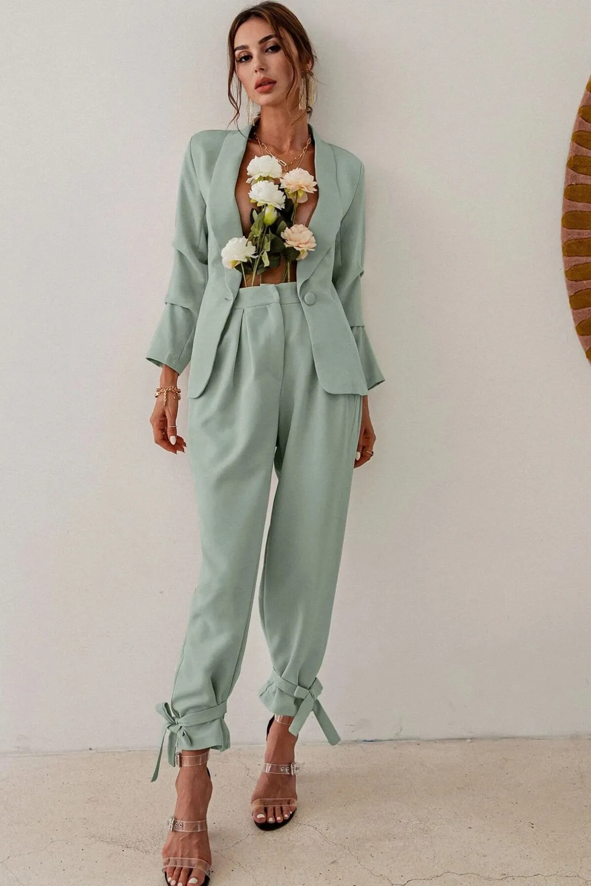 Green High Waisted Ankle Tie Pants & Blazer Set