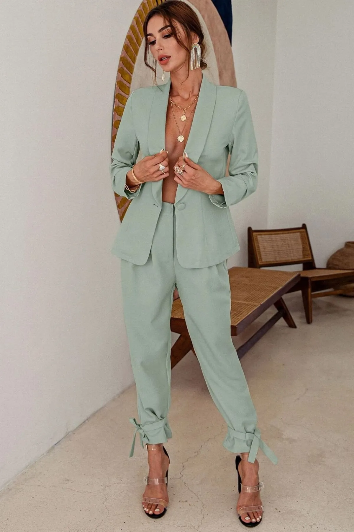 Green High Waisted Ankle Tie Pants & Blazer Set