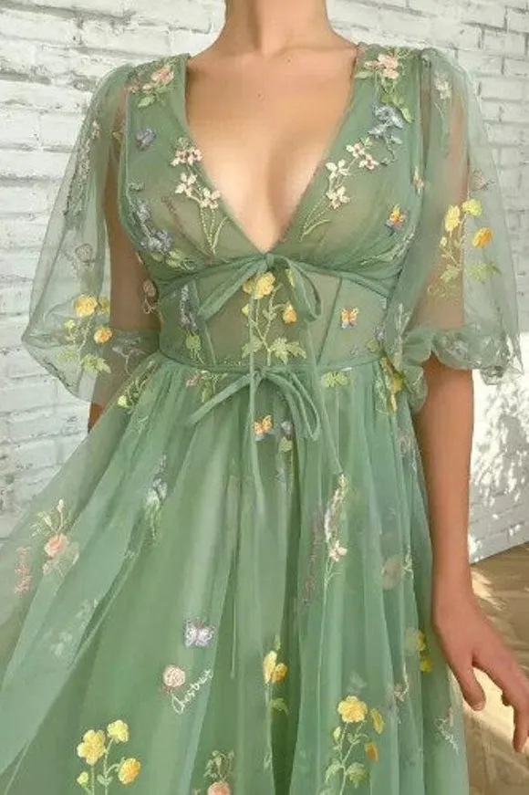 Green V Neck Short Sleeves Ankle Length Floral Tulle Short Prom Dresses