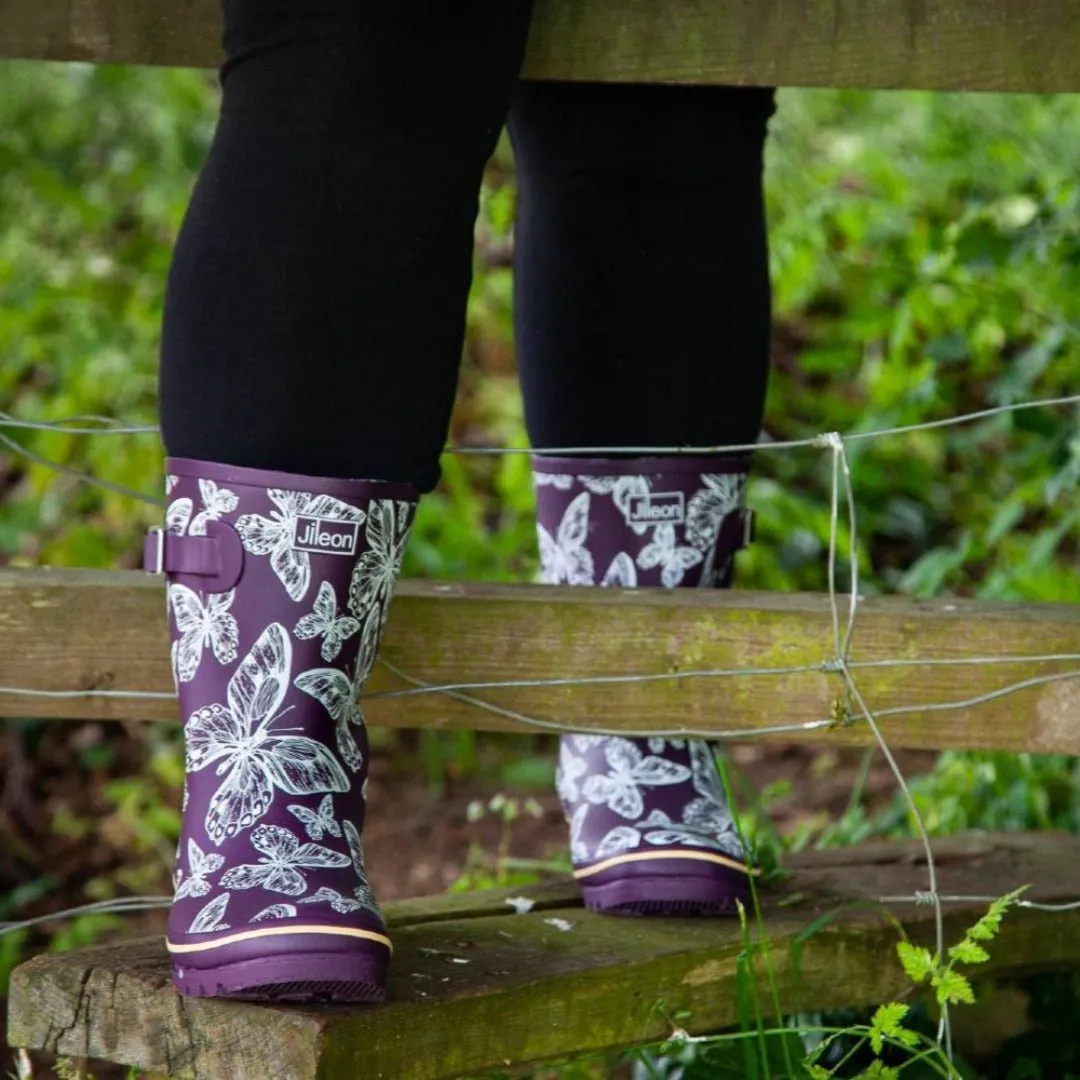 Half Height Purple Butterfly Wellies - Wide Foot and Ankle