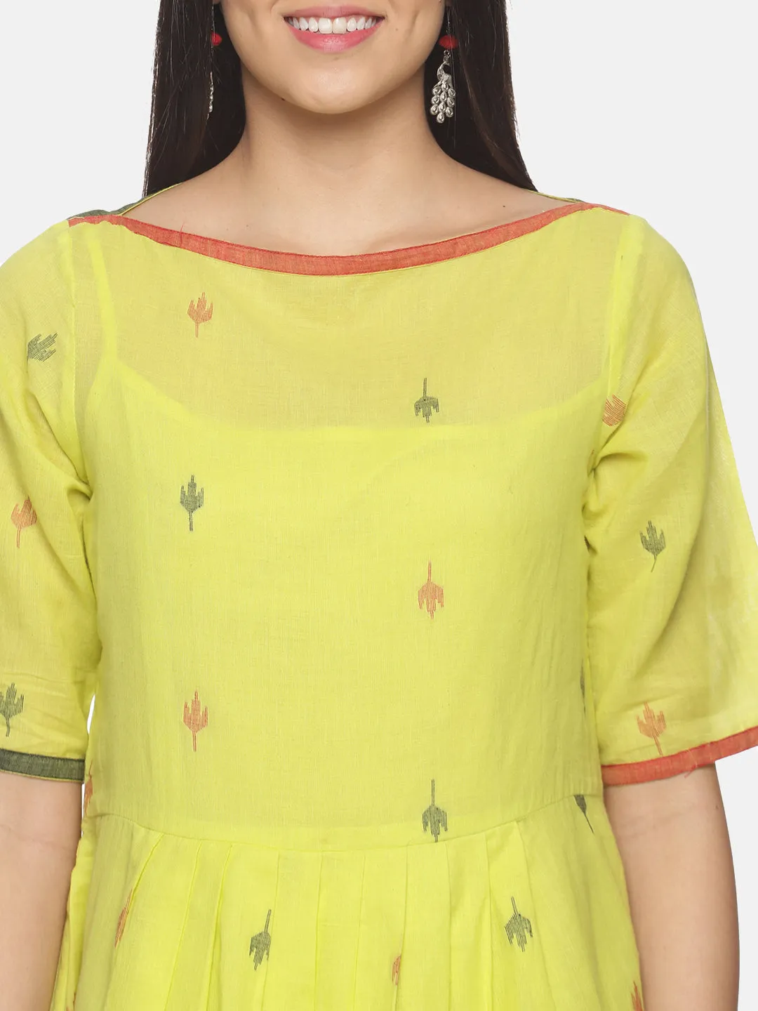 Lemon green ankle-length handloom Jamdani dress