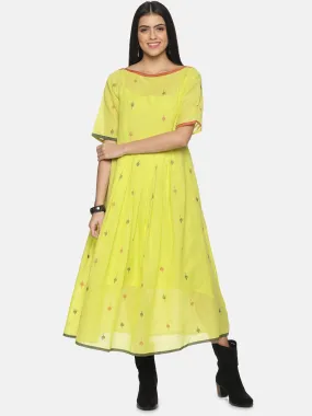 Lemon green ankle-length handloom Jamdani dress