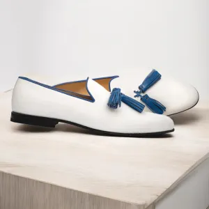 Men's Bespoke White & Blue Loafer Leather Shoes, Moccasin Shoes