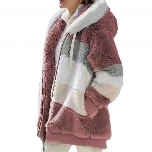 Plus Size Jacket 2021 Women Autumn Winter Long Sleeve Color Block Zipper Fluff Hooded Warm Coat Jacket