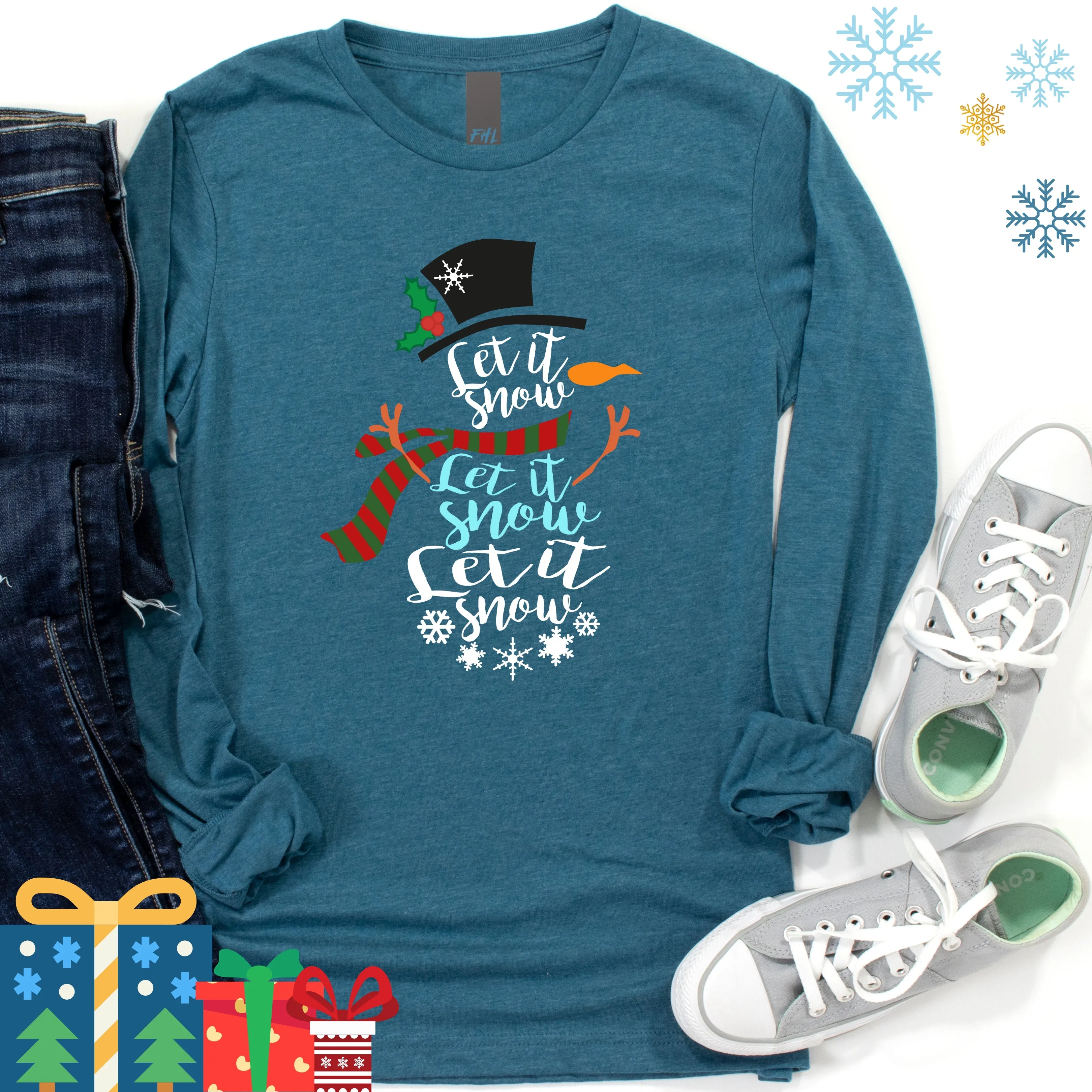 "Let It Snow" Long Sleeve T-Shirt (Deep Heather Teal) (Quick Ship)