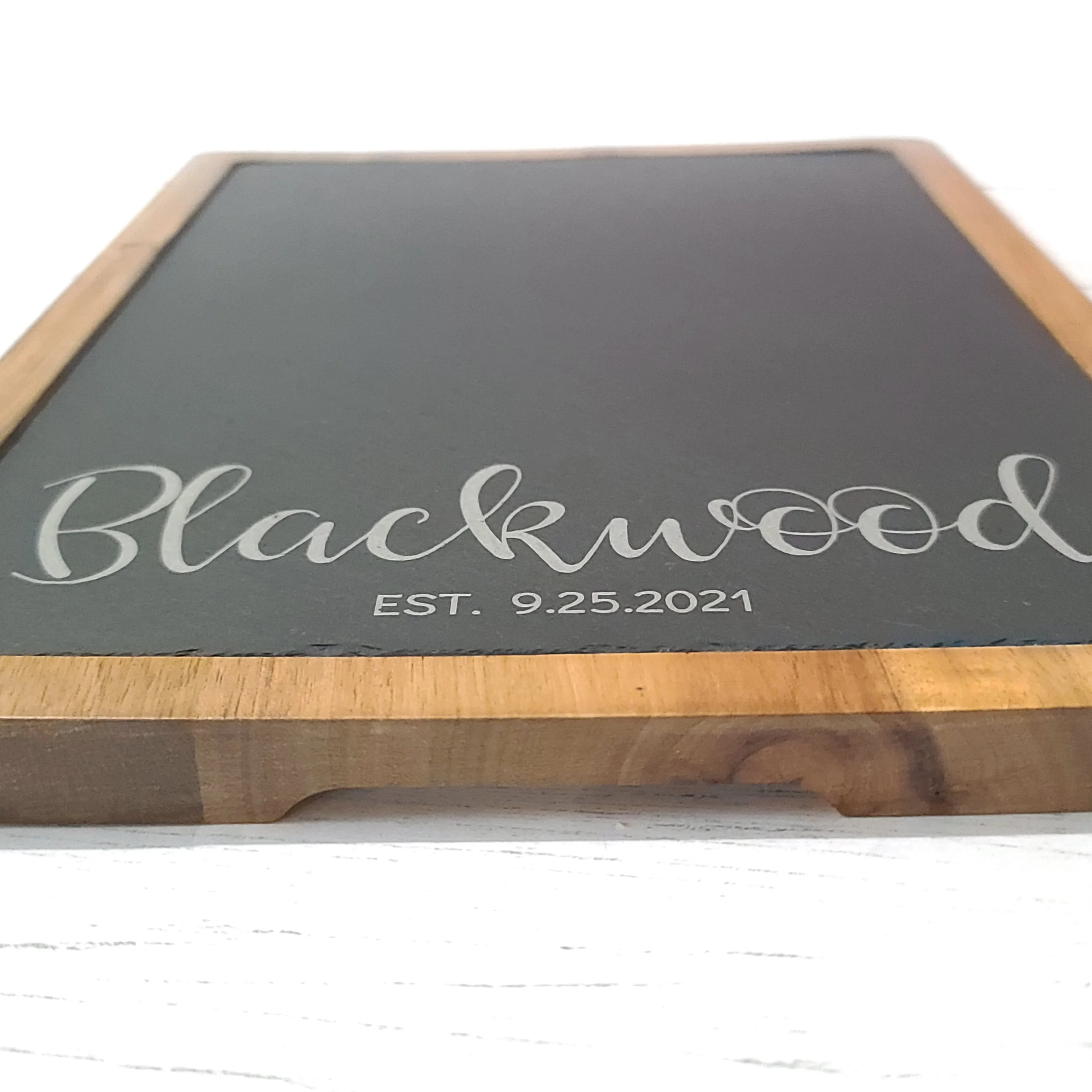 Script Name & Established Date | Acacia/Slate Rectangle Cheese Board