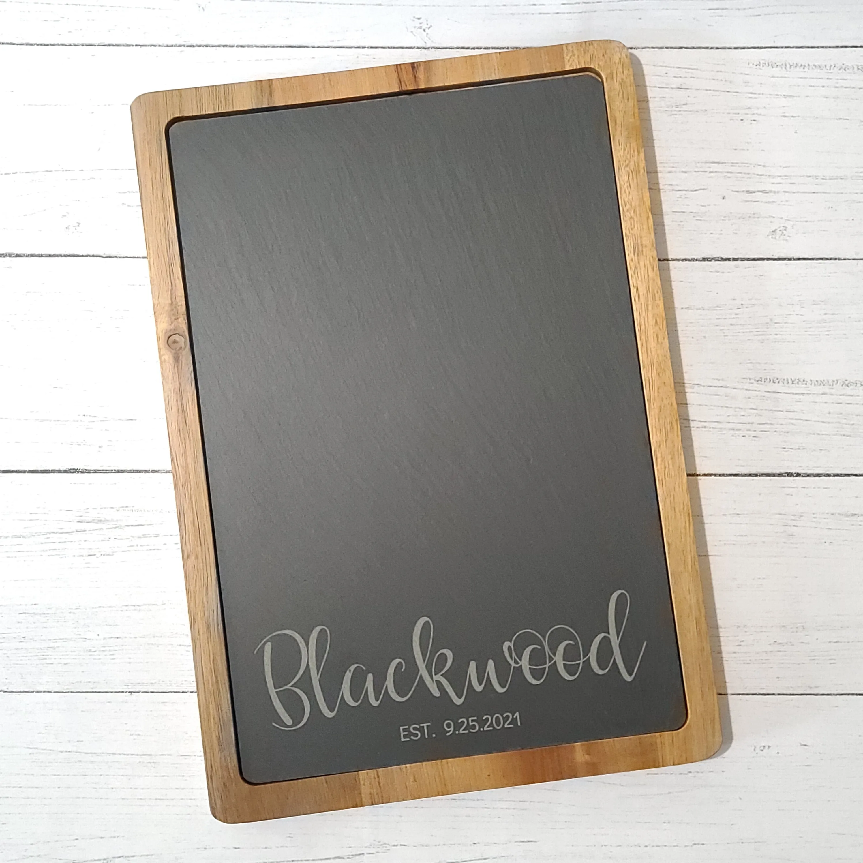 Script Name & Established Date | Acacia/Slate Rectangle Cheese Board