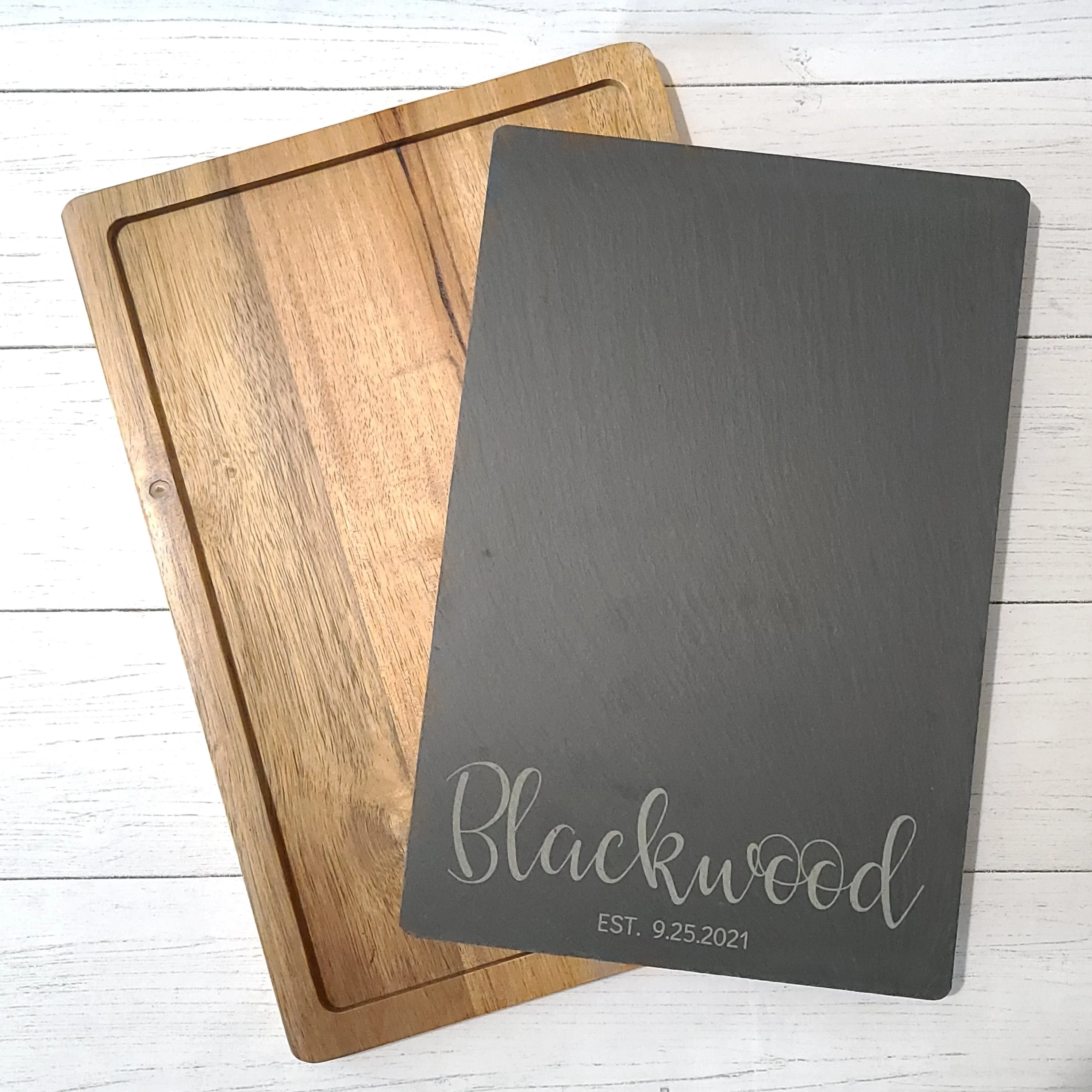 Script Name & Established Date | Acacia/Slate Rectangle Cheese Board