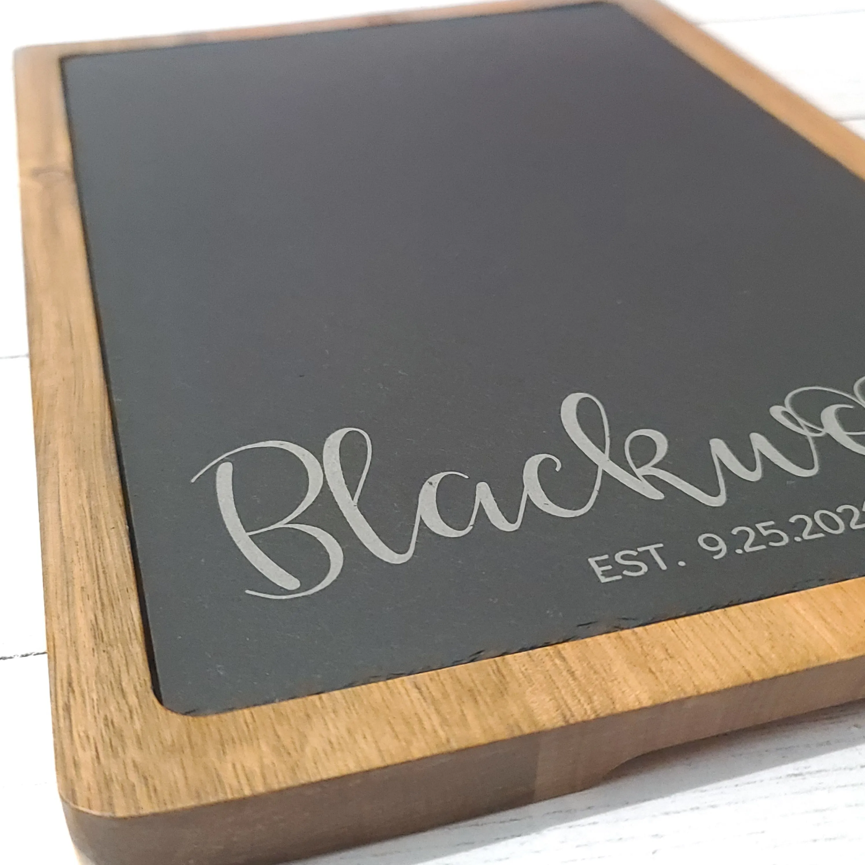 Script Name & Established Date | Acacia/Slate Rectangle Cheese Board