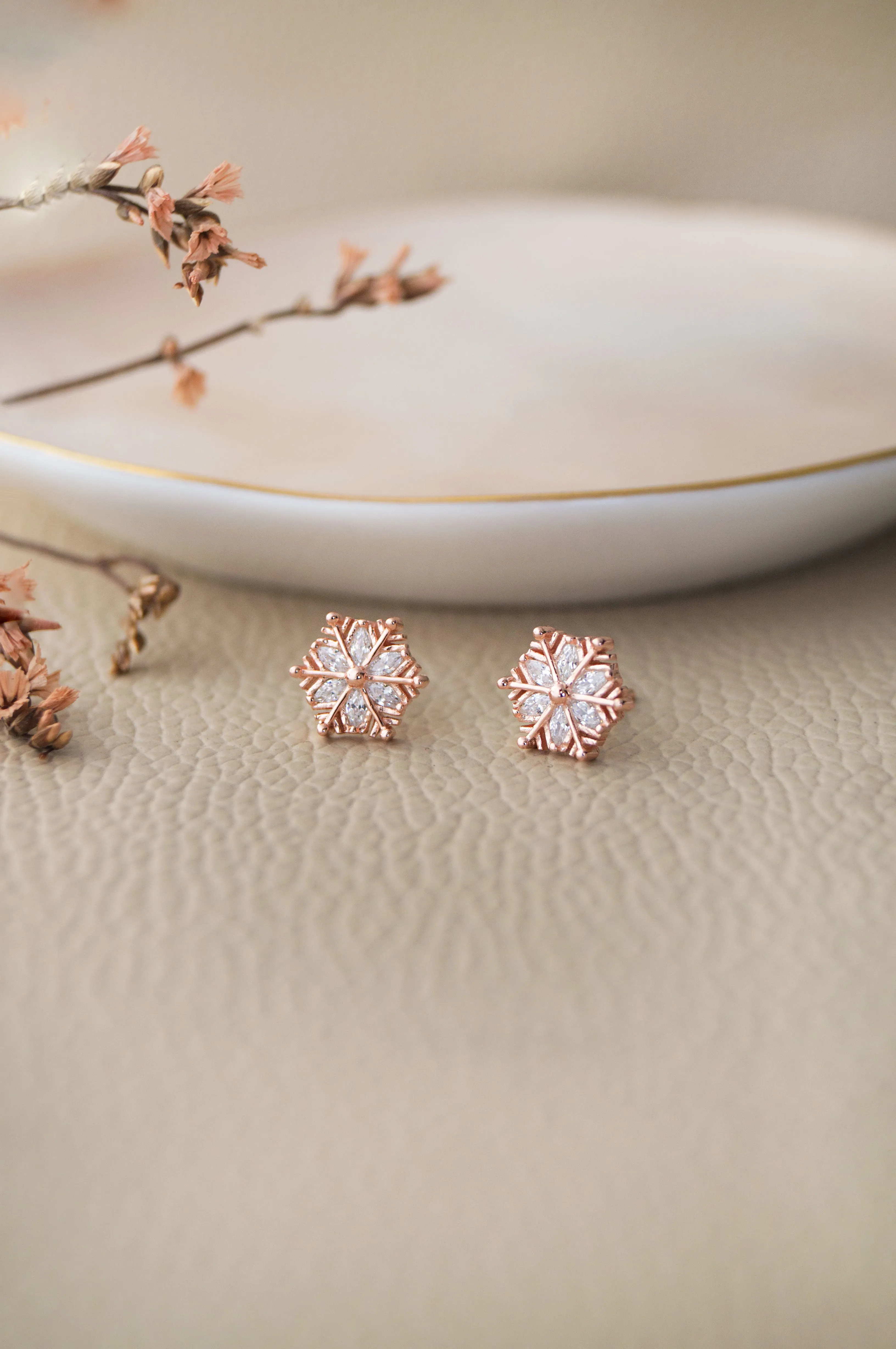 Snow Flake Rose Gold Plated Sterling Silver Stud Earrings