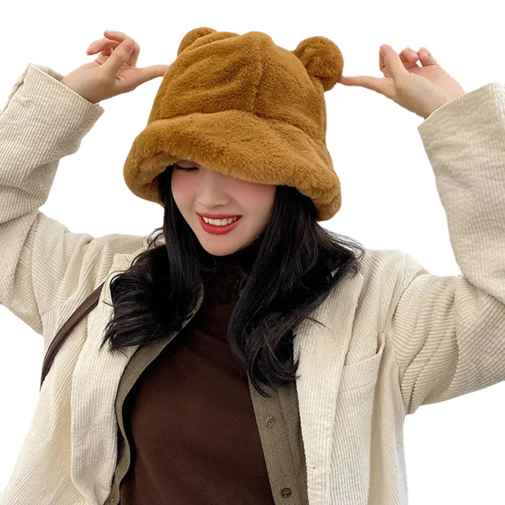 Women Faux Rabbit Hair Warm Soft Cute Casual All-match Animal Ear Pattern Bucket Hat