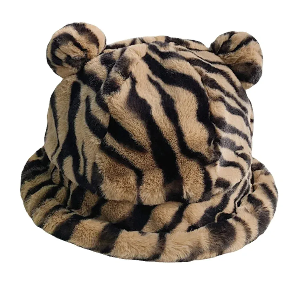 Women Faux Rabbit Hair Warm Soft Cute Casual All-match Animal Ear Pattern Bucket Hat