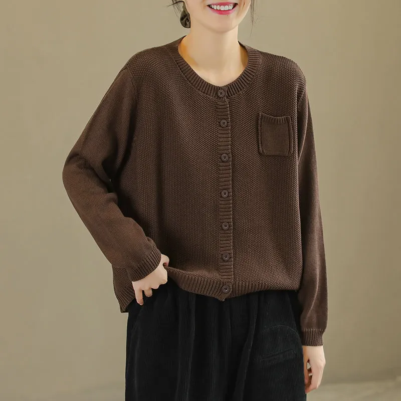 Women Retro Cotton Knitted Casual Solid Cardigan