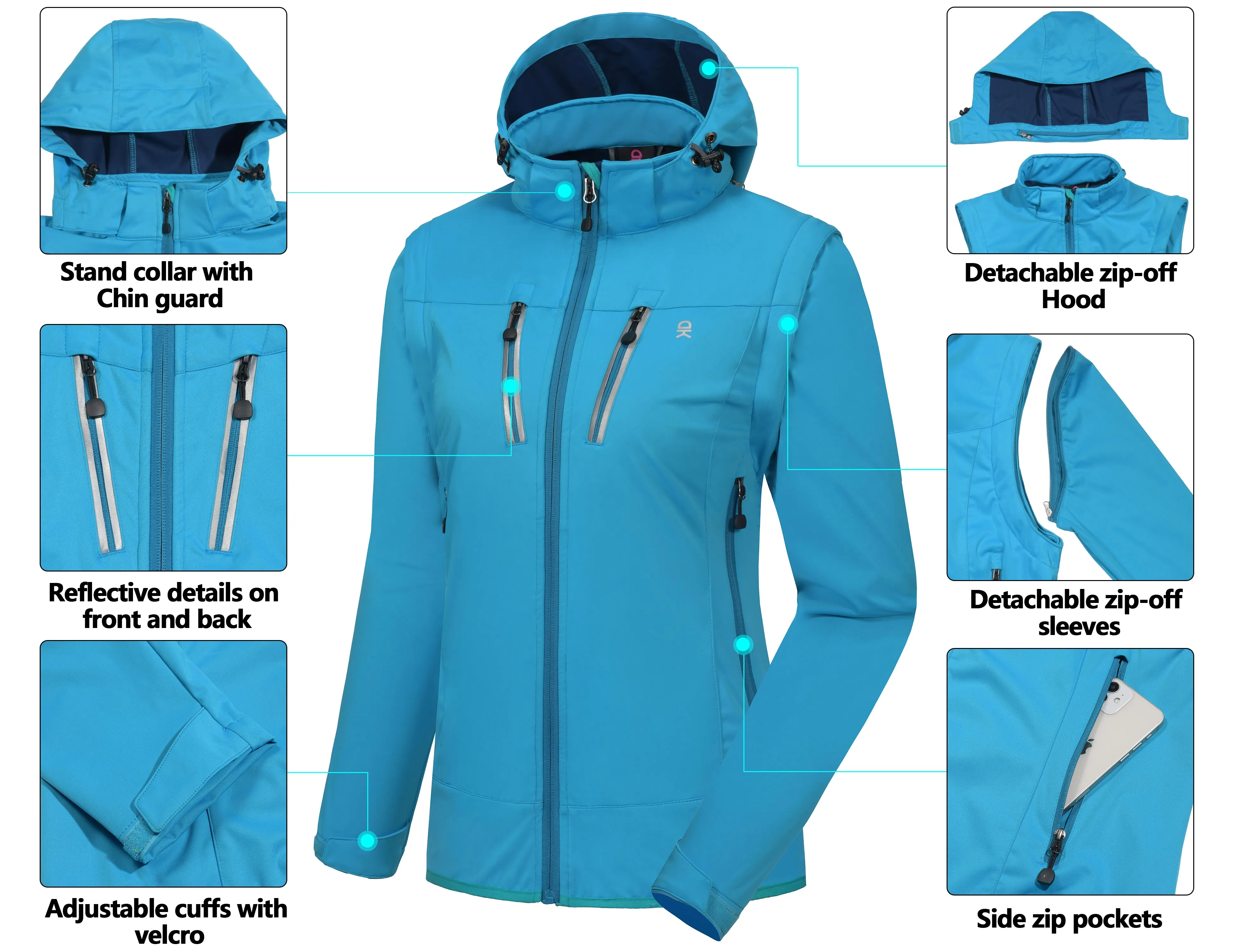 Women's Lightweight Softshell Hiking Jacket with Detachable Sleeves and Hood