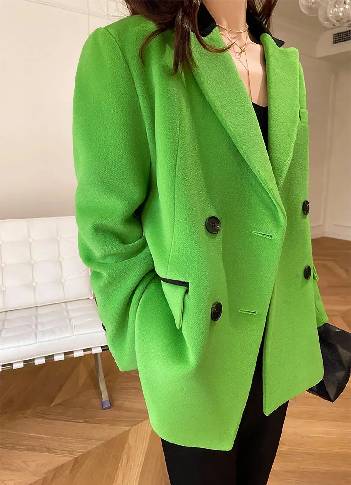 Women's Wool Blazer,Green Wool Coat,Double Breasted Wool Overcoat,Oversize Wool Suit,Thicken Wool Blazer,Winter Wool Coat,Warm Wool Blazer