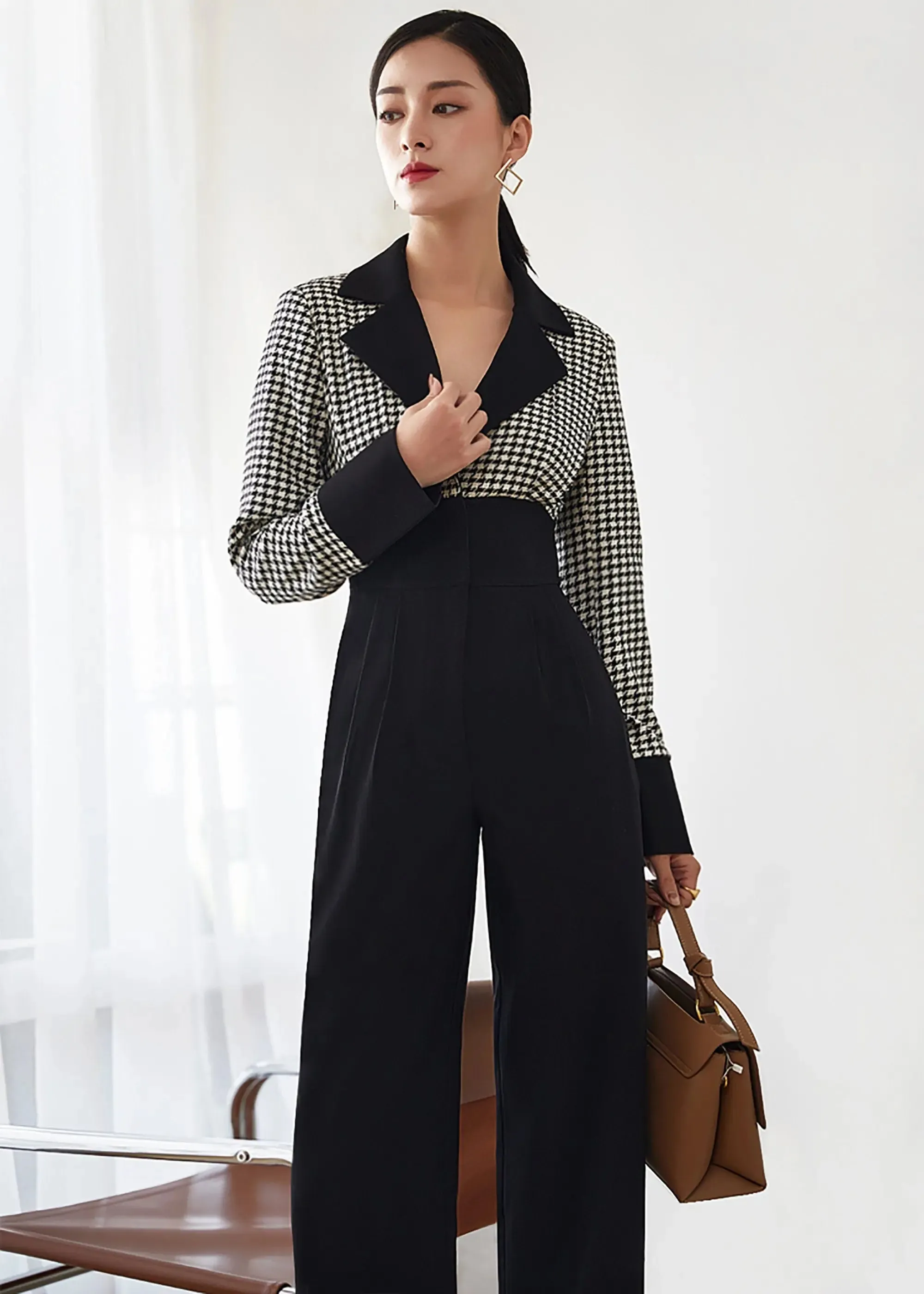 Women's Wool Jumpsuit,Wide leg Jumpsuit,Plaid Wool Rompers,long sleeve Jumpsuit,formal jumpsuit,Black Plaid Jumpsuit,Winter warm Jumpsuit