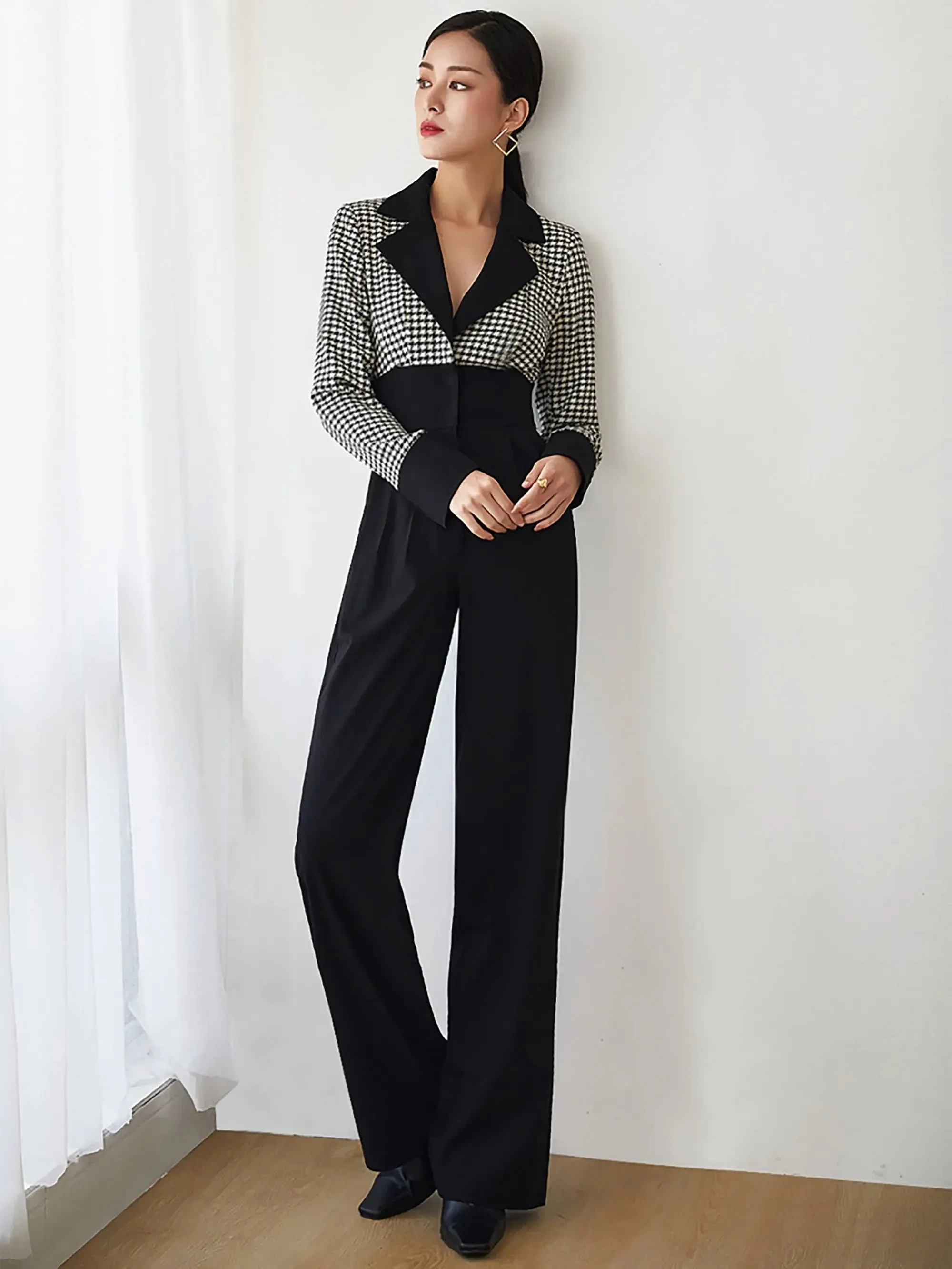 Women's Wool Jumpsuit,Wide leg Jumpsuit,Plaid Wool Rompers,long sleeve Jumpsuit,formal jumpsuit,Black Plaid Jumpsuit,Winter warm Jumpsuit